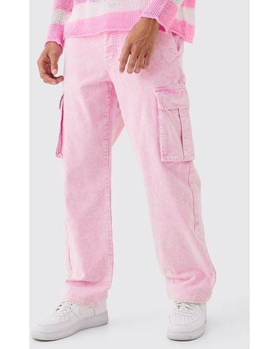 BoohooMAN Acid Wash Relaxed Cord Cargo Trouser - Pink