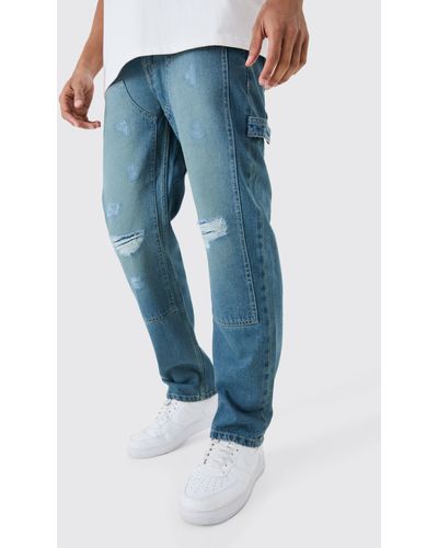 BoohooMAN Relaxed Rigid Ripped Knee Carpenter Jeans In Light Blue