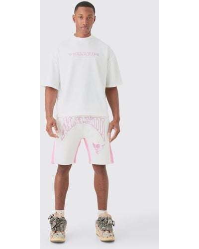 BoohooMAN Oversized Boxy Contrast Stitch Embroidered Tshirt & Short Set - Natural