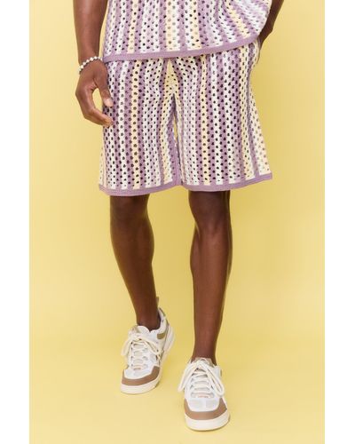 BoohooMAN Relaxed Open Stitch Stripe Knitted Shorts - Pink