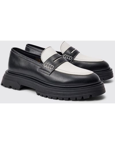 BoohooMAN Pu Slip On Contrast Chunky Loafer In Black