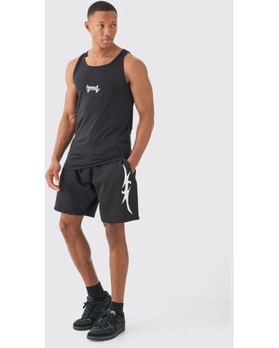 BoohooMAN Muscle Fit Graphic Official Tank & Shorts Set - Blue