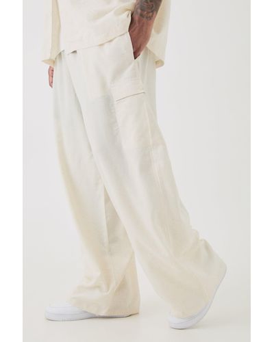 BoohooMAN Plus Elasticated Waist Oversized Linen Cargo Trouser In Natural - White