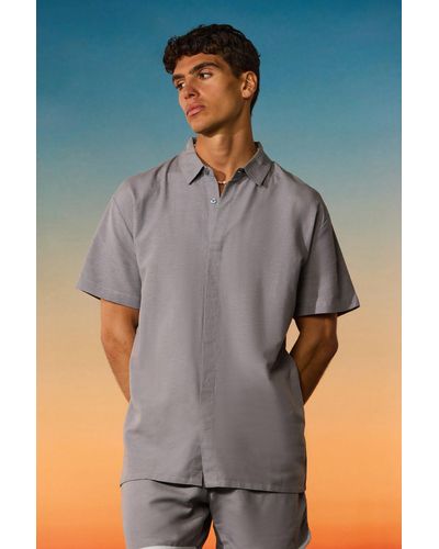BoohooMAN Oversized Linen Concealed Placket Shirt - Grey