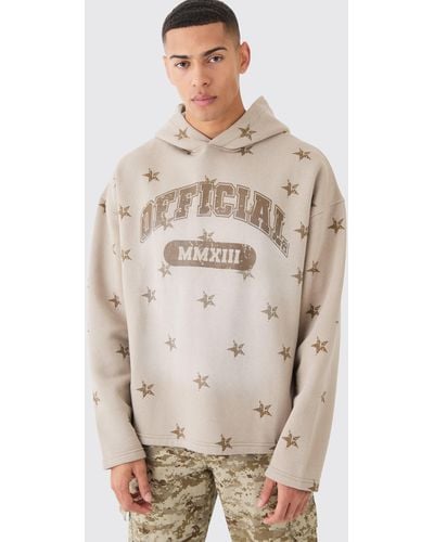BoohooMAN Oversized Drop Shoulder Washed Star Official Hoodie - Natural