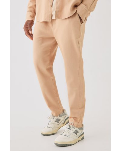 BoohooMAN Textured Elasticated Waist Straight Fit Trousers - Natural