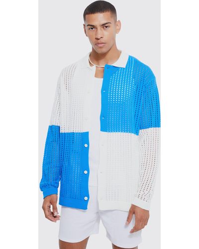 BoohooMAN Oversized Checkerboard Crochet Shirt - Blue