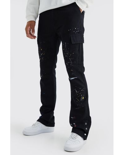 BoohooMAN Tall Slim-Fit Cargohose mit Farbspritzern und Druckknöpfen - Schwarz