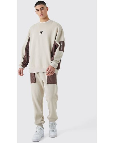 BoohooMAN Man Oversized Gusset Cargo Sweat Tracksuit - Brown