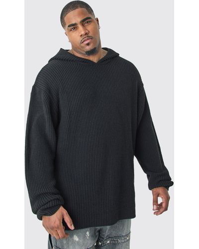 BoohooMAN Plus Boxy Oversized Knitted Hoodie In Black - Blue