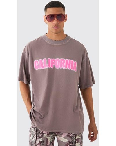 BoohooMAN Oversized Extended Neck Acid Wash Distressed California T-shirt - Pink