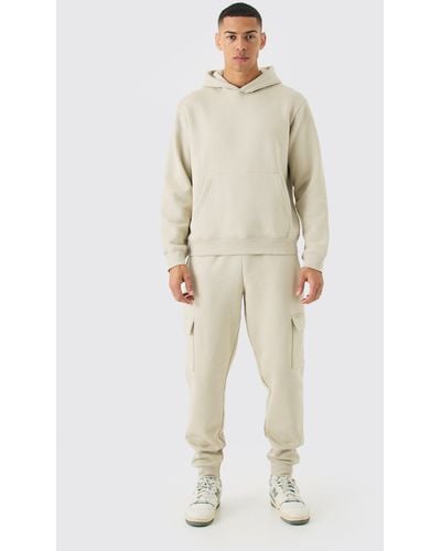 BoohooMAN Boxy Hooded Cargo Tracksuit - Natural
