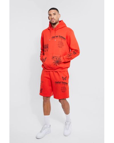 BoohooMAN Tall Graffiti Graphic Short Hooded Tracksuit - Red