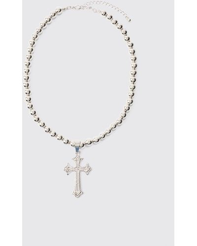 BoohooMAN Beaded Cross Necklace In Silver - Blue