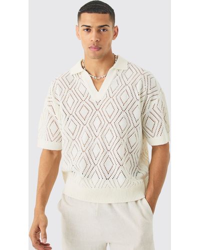BoohooMAN Short Sleeve Boxy Fit Revere Open Knit Polo In Ecru - White