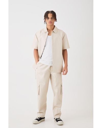 BoohooMAN Short Sleeve Drop Shoulder Pu Overshirt & Cargo Trouser Set - Natur
