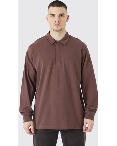 Boohoo Tall Core Heavy Carded Button Up Rugby Polo - Brown