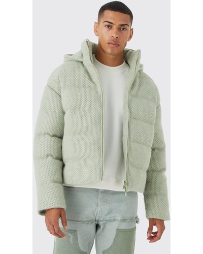 BoohooMAN Heavyweight Brushed Knit Quilted Puffer With Hood - Green