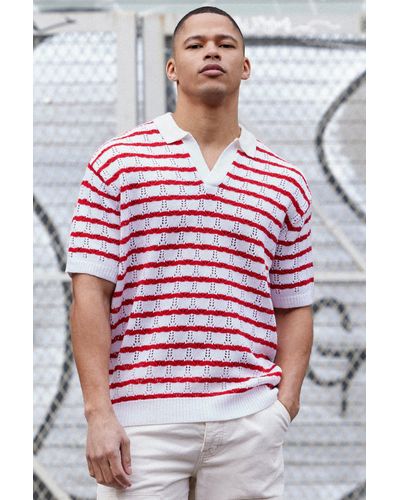 BoohooMAN Short Sleeve Oversized Crochet Stripe Polo In Red