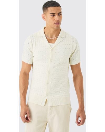 BoohooMAN Open Stitch Button Down Knitted Shirt In Cream - White