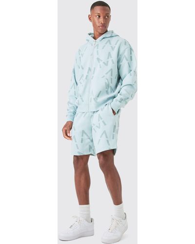 BoohooMAN Oversized Boxy All Over Print Zip Hoodie Short Tracksuit - Blue