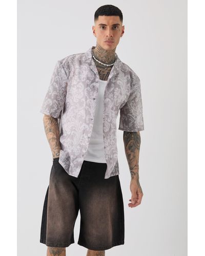 BoohooMAN Tall Short Sleeve Drop Revere Tapestry Shirt - Grau