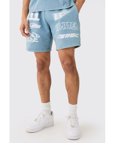 Boohoo Relaxed Moto Puff Print Washed Shorts - Blue
