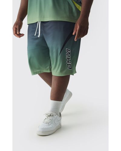 BoohooMAN Plus Mesh Long Length Basketball Applique Ombre Moto Shorts - Green