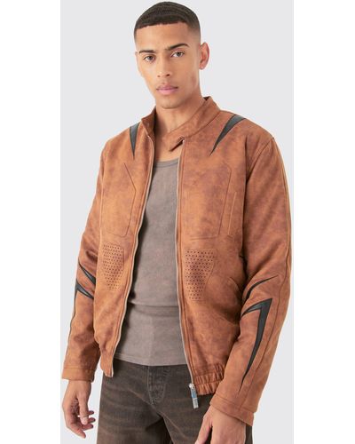 Boohoo Regular Fit Washed Faux Suede Moto Jacket - Brown