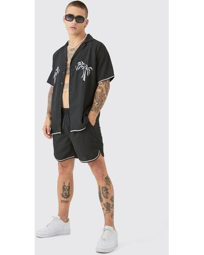 BoohooMAN Oversized Seersucker Palm Embroidered Shirt & Short Set - Black