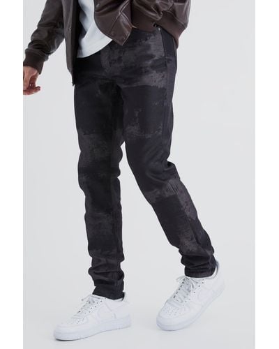 BoohooMAN Tall Slim Rigid Bleached Gusset Jeans - Black