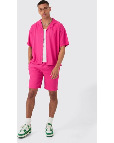 BoohooMAN Short Sleeve Ribbed Boxy Shirt & Short - Pink