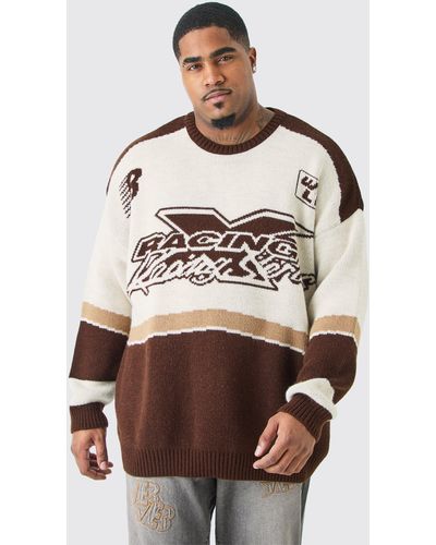 BoohooMAN Plus Oversized Knitted Racing Drop Shoulder Jumper - Multicolour