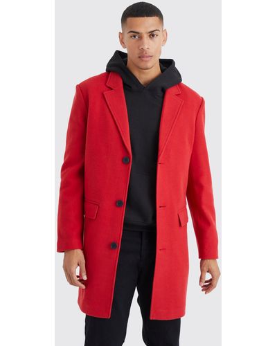Boohoo Single Breasted Wool Mix Overcoat - Red