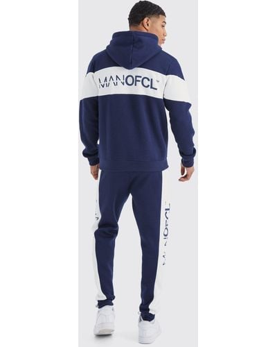 BoohooMAN Man Ofcl Slim Color Block Hooded Tracksuit - Blue
