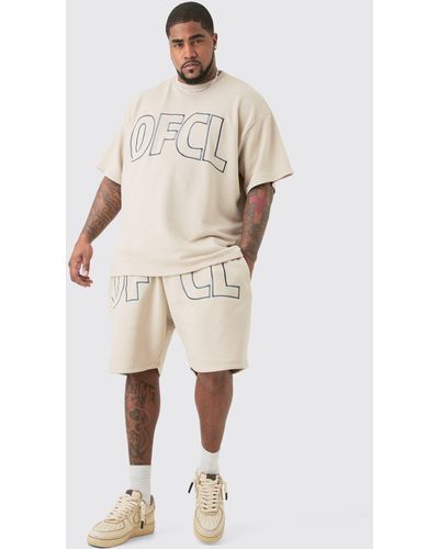 BoohooMAN Plus Oversized Ofcl Embroidered T-shirt & Short Set - Natural
