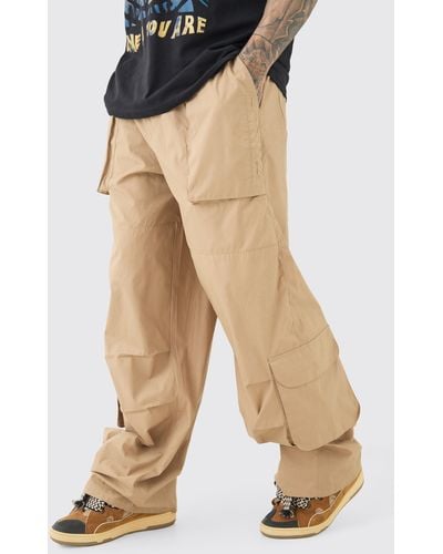BoohooMAN Tall Elasticated Waist Oversized Peached Cargo Trousers - Natural