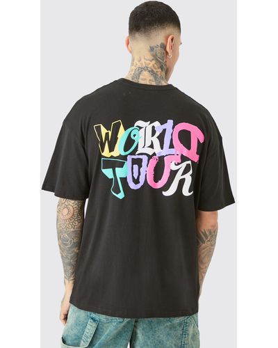 BoohooMAN Tall Oversized World Tour Puff Print T-shirt In Black - Grey