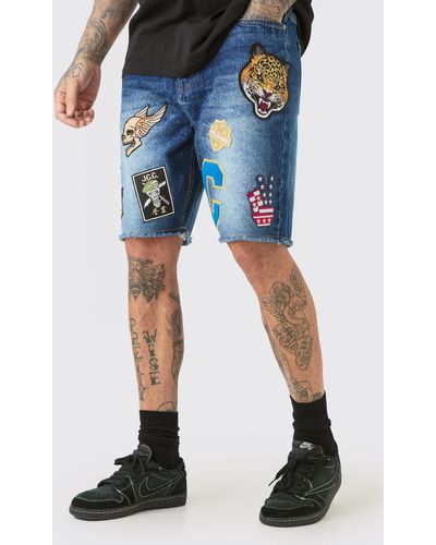 BoohooMAN Tall Marble Effect Applique Relaxed Fit Denim Short - Blue