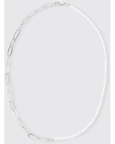 BoohooMAN Pearl And Chain Mix Metal Necklace In Silver - Weiß