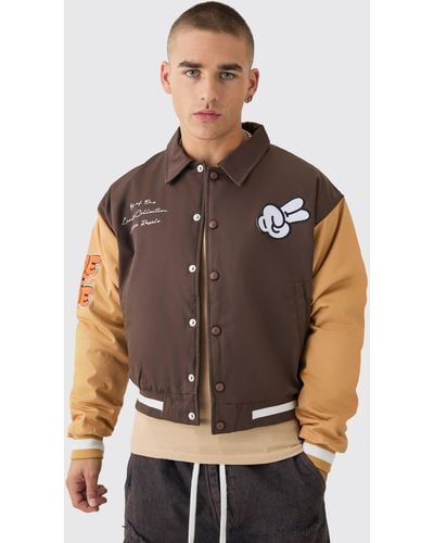 BoohooMAN Boxy Twill Embroidered Collared Varsity Jacket In Brown - Braun