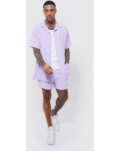 BoohooMAN Oversized Linen Shirt And Relaxed Short Set - Purple