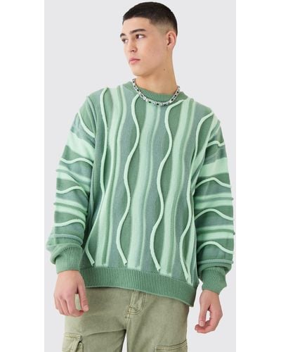 BoohooMAN Oversized 3d Jacquard Knitted Sweater - Green