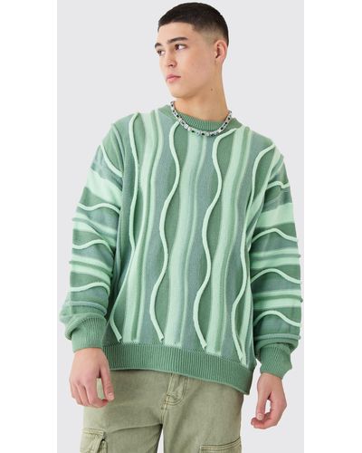 BoohooMAN Oversized 3d Jacquard Knitted Jumper - Green