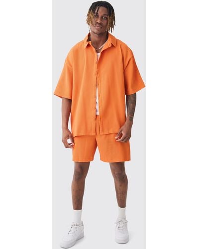 BoohooMAN Tall Oversized Short Sleeve Pleated Shirt & Short Set In Sunset - Orange