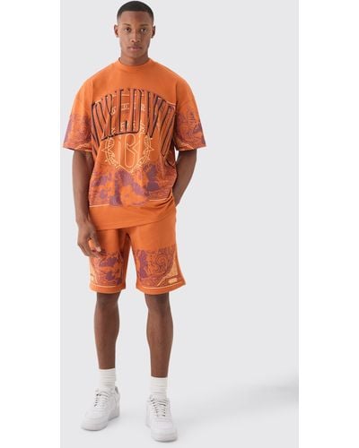 BoohooMAN Oversized Extended Neck Worldwide Graphic T-shirt & Shorts - Orange
