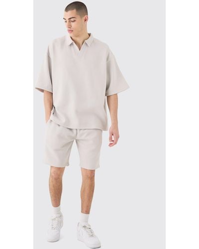 BoohooMAN Oversized Rugby Revere Half Sleeve Sweat And Shorts Set - Grey