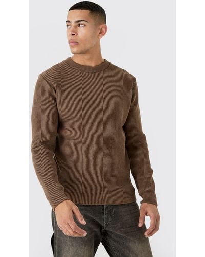 BoohooMAN Regular Fit Waffle Knit Sweater - Brown