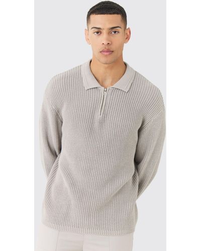 BoohooMAN Regular Fit 1/4 Zip Funnel Fisherman Knit Jumper - Grey