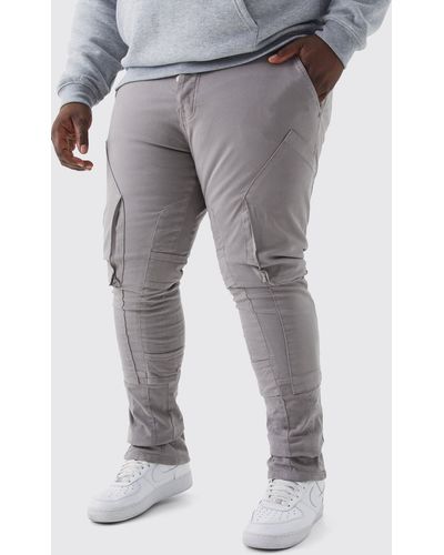 Boohoo Plus Fixed Waist Skinny Stacked Gusset Strap Cargo Trouser - Gray